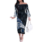 Personalized Geelong Cats Football Off The Shoulder Long Sleeve Dress Easter Egg Pattern Blue Monochrome Tribal Dot Style