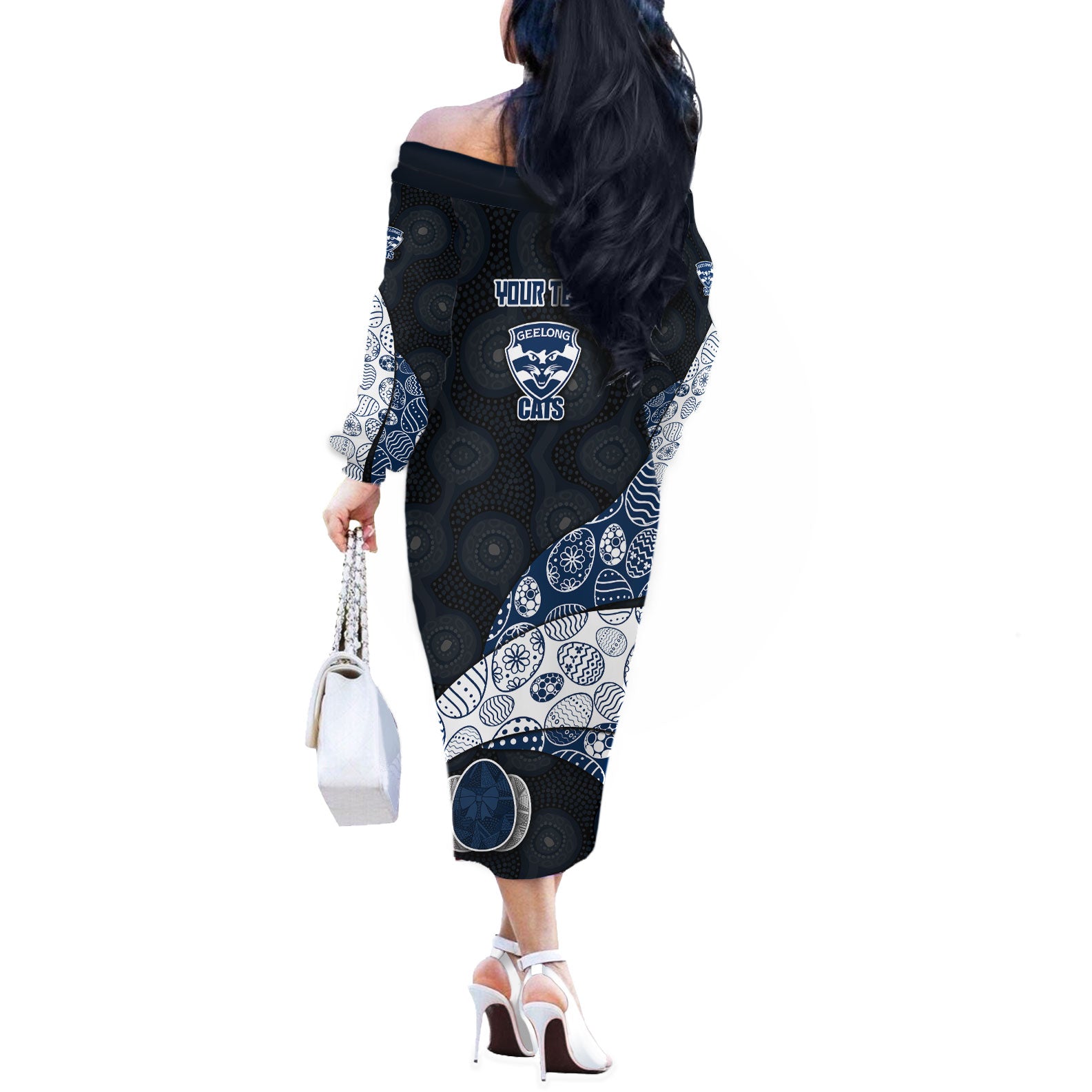 Personalized Geelong Cats Football Off The Shoulder Long Sleeve Dress Easter Egg Pattern Blue Monochrome Tribal Dot Style