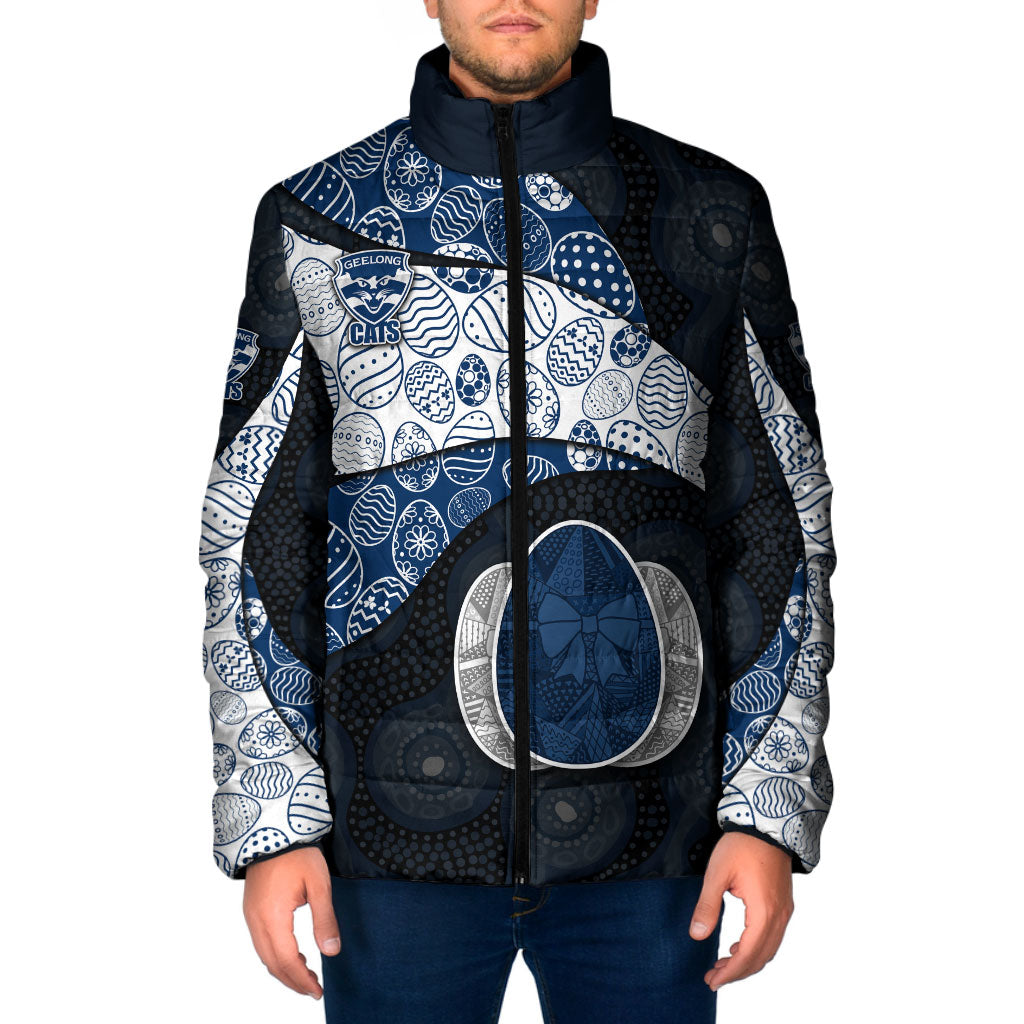 Personalized Geelong Cats Football Padded Jacket Easter Egg Pattern Blue Monochrome Tribal Dot Style