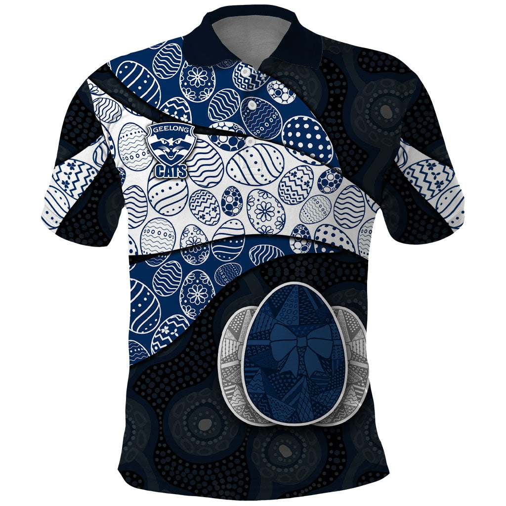 Personalized Geelong Cats Football Polo Shirt Easter Egg Pattern Blue Monochrome Tribal Dot Style