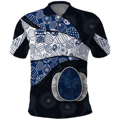 Personalized Geelong Cats Football Polo Shirt Easter Egg Pattern Blue Monochrome Tribal Dot Style