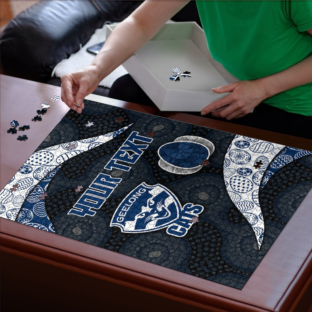 Personalized Geelong Cats Football Puzzle Easter Egg Pattern Blue Monochrome Tribal Dot Style