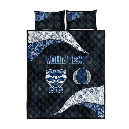Personalized Geelong Cats Football Quilt Bed Set Easter Egg Pattern Blue Monochrome Tribal Dot Style