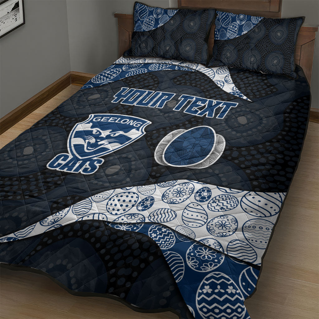 Personalized Geelong Cats Football Quilt Bed Set Easter Egg Pattern Blue Monochrome Tribal Dot Style