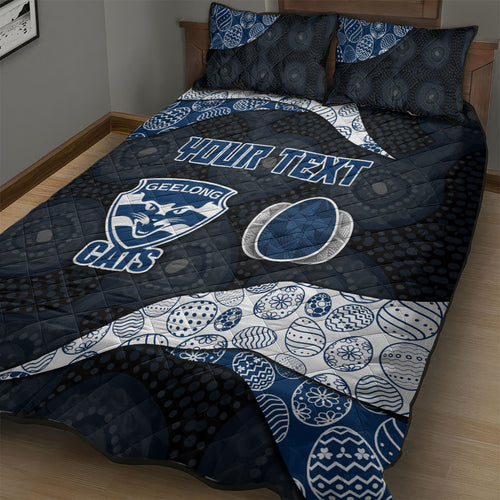Personalized Geelong Cats Football Quilt Bed Set Easter Egg Pattern Blue Monochrome Tribal Dot Style