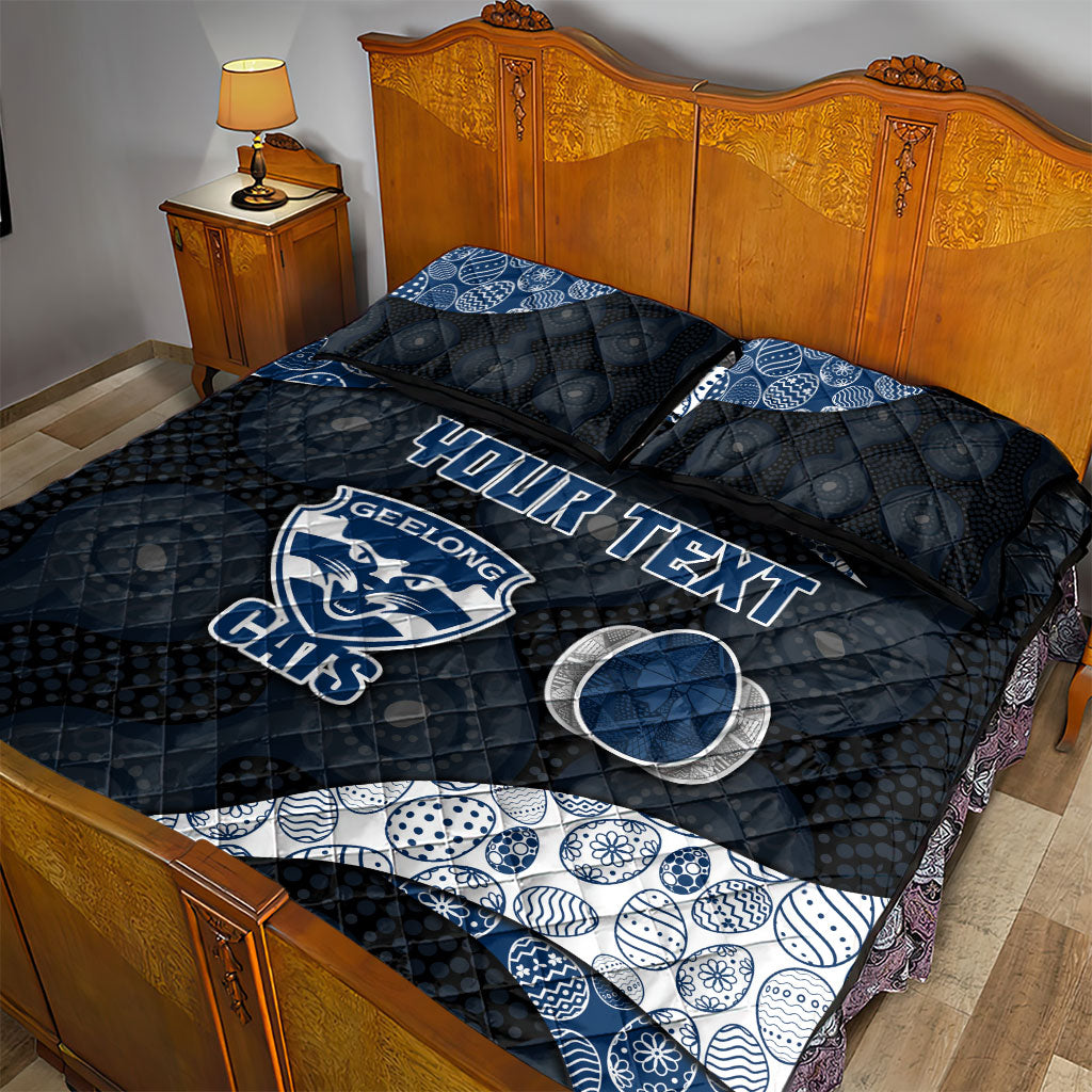 Personalized Geelong Cats Football Quilt Bed Set Easter Egg Pattern Blue Monochrome Tribal Dot Style
