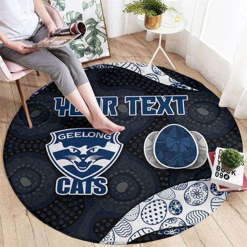 Personalized Geelong Cats Football Round Carpet Easter Egg Pattern Blue Monochrome Tribal Dot Style