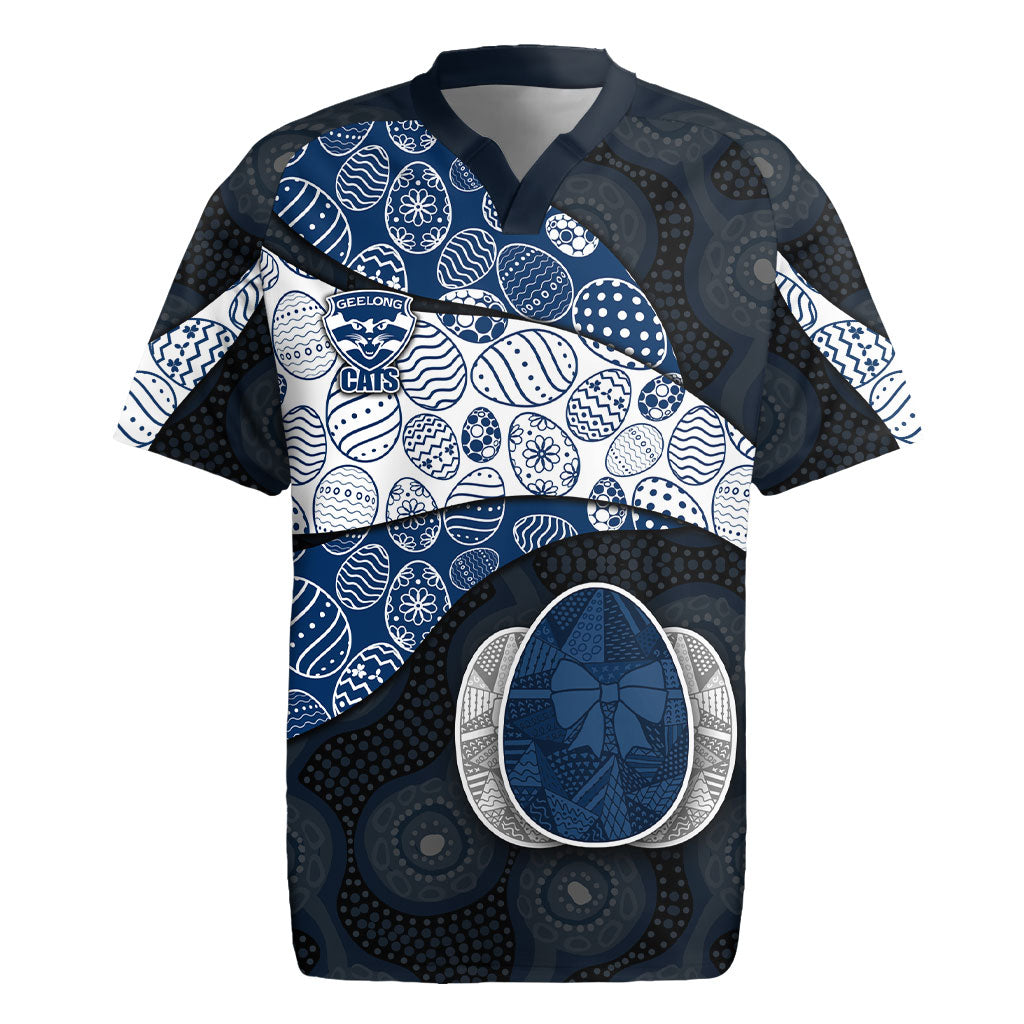 Personalized Geelong Cats Football Rugby Jersey Easter Egg Pattern Blue Monochrome Tribal Dot Style