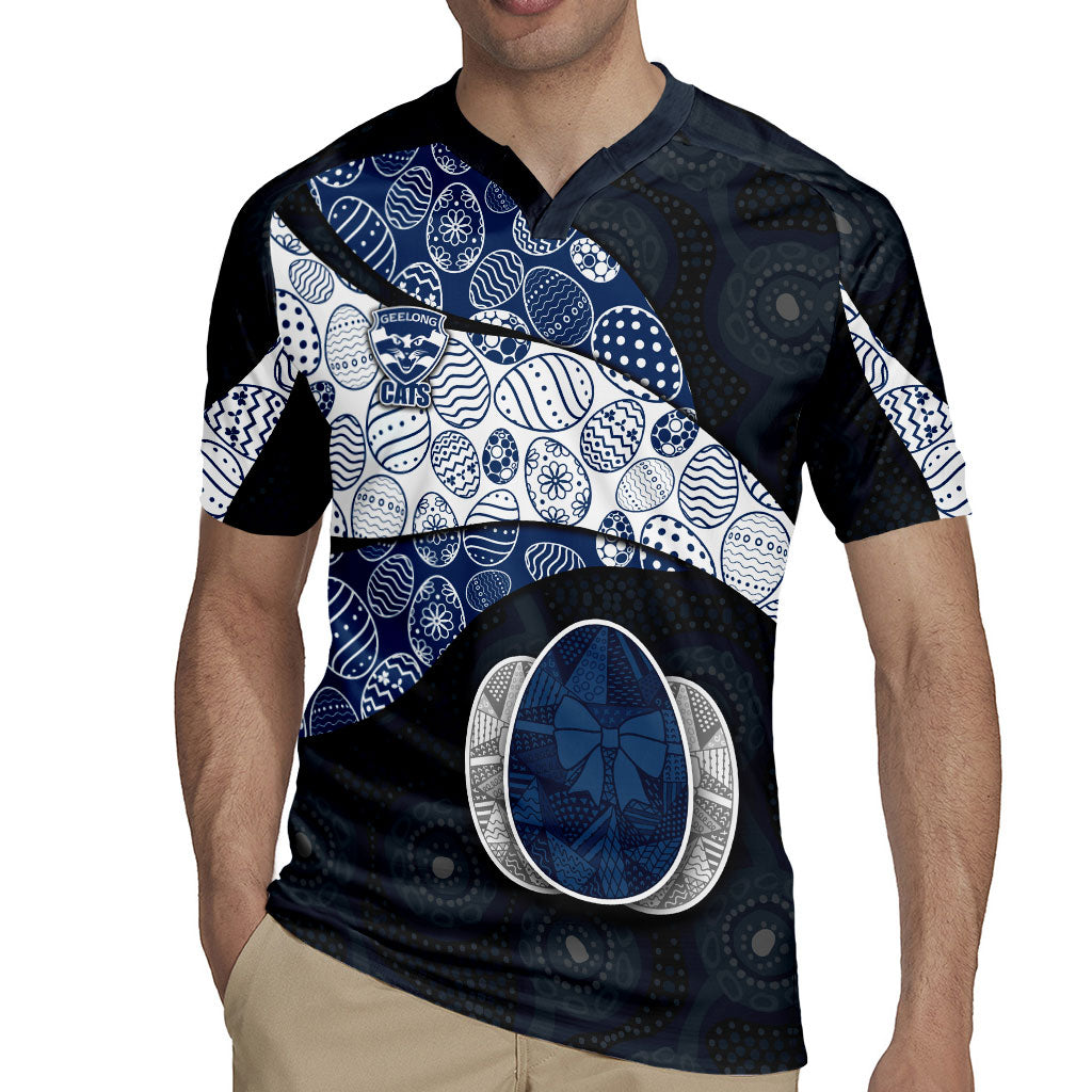 Personalized Geelong Cats Football Rugby Jersey Easter Egg Pattern Blue Monochrome Tribal Dot Style