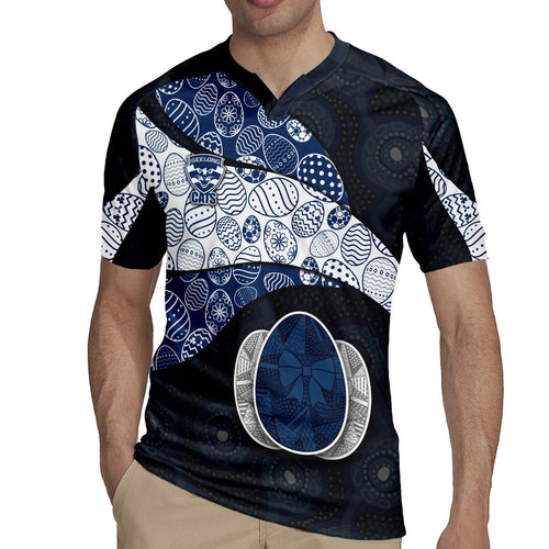 Personalized Geelong Cats Football Rugby Jersey Easter Egg Pattern Blue Monochrome Tribal Dot Style