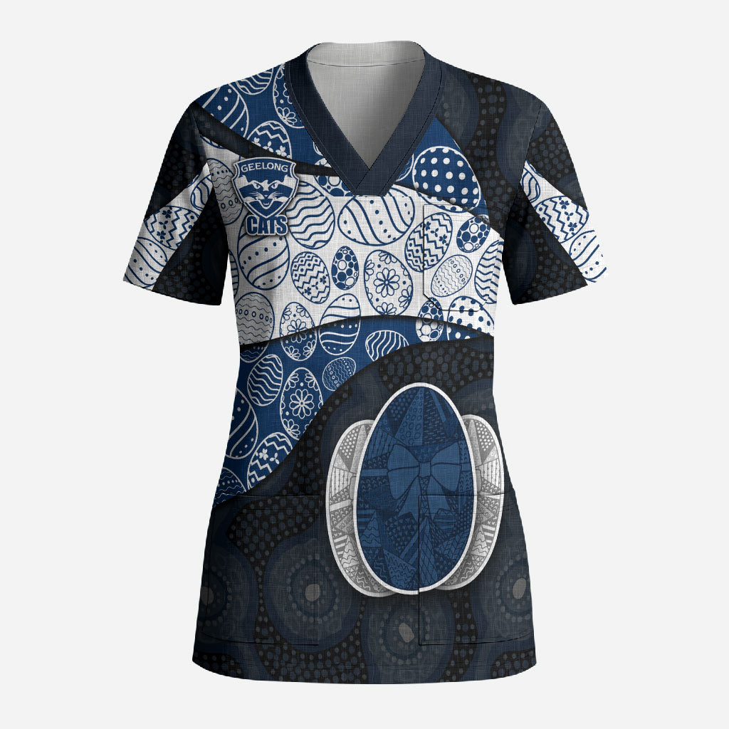 Personalized Geelong Cats Football Scrub Top Easter Egg Pattern Blue Monochrome Tribal Dot Style