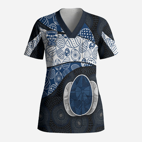 Personalized Geelong Cats Football Scrub Top Easter Egg Pattern Blue Monochrome Tribal Dot Style