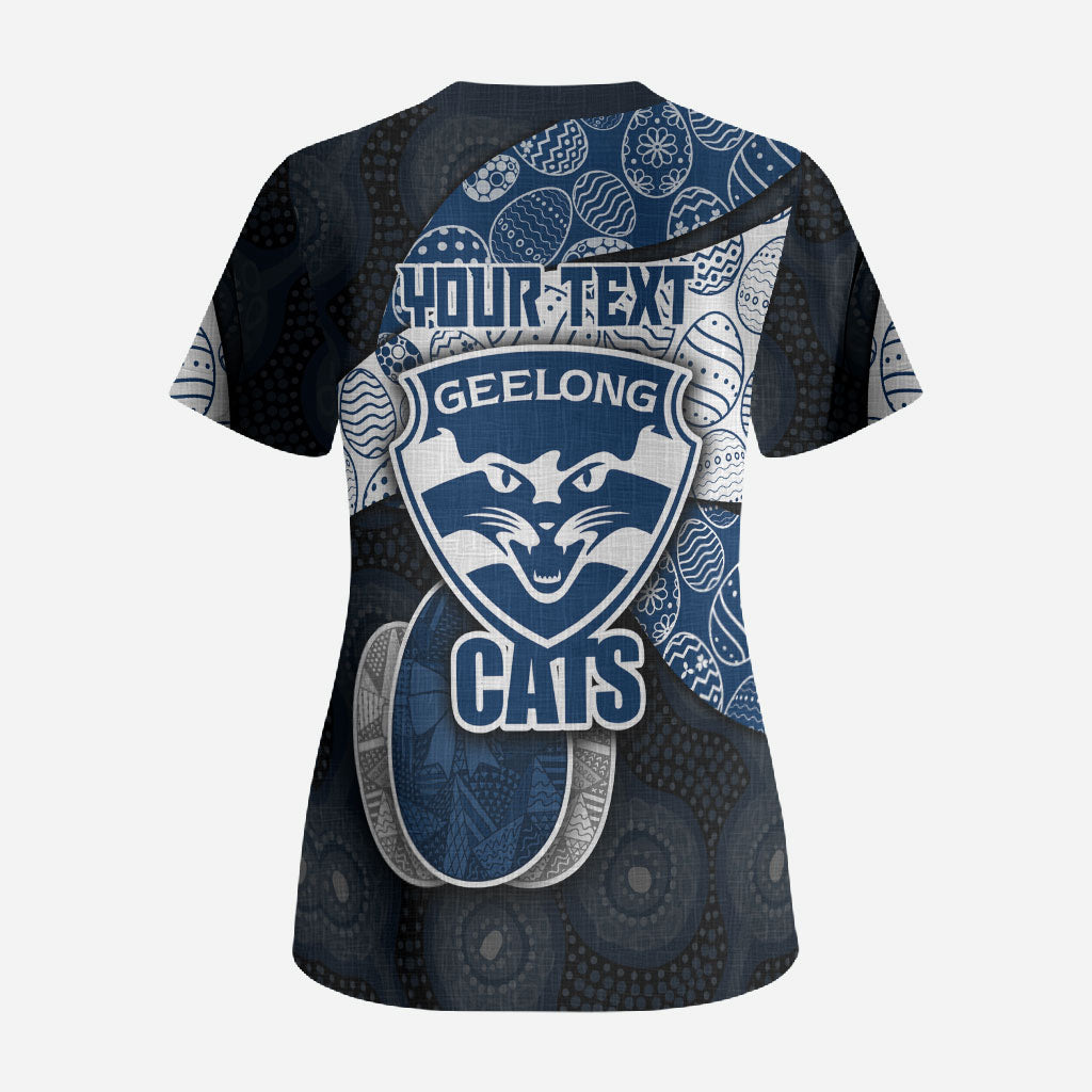 Personalized Geelong Cats Football Scrub Top Easter Egg Pattern Blue Monochrome Tribal Dot Style