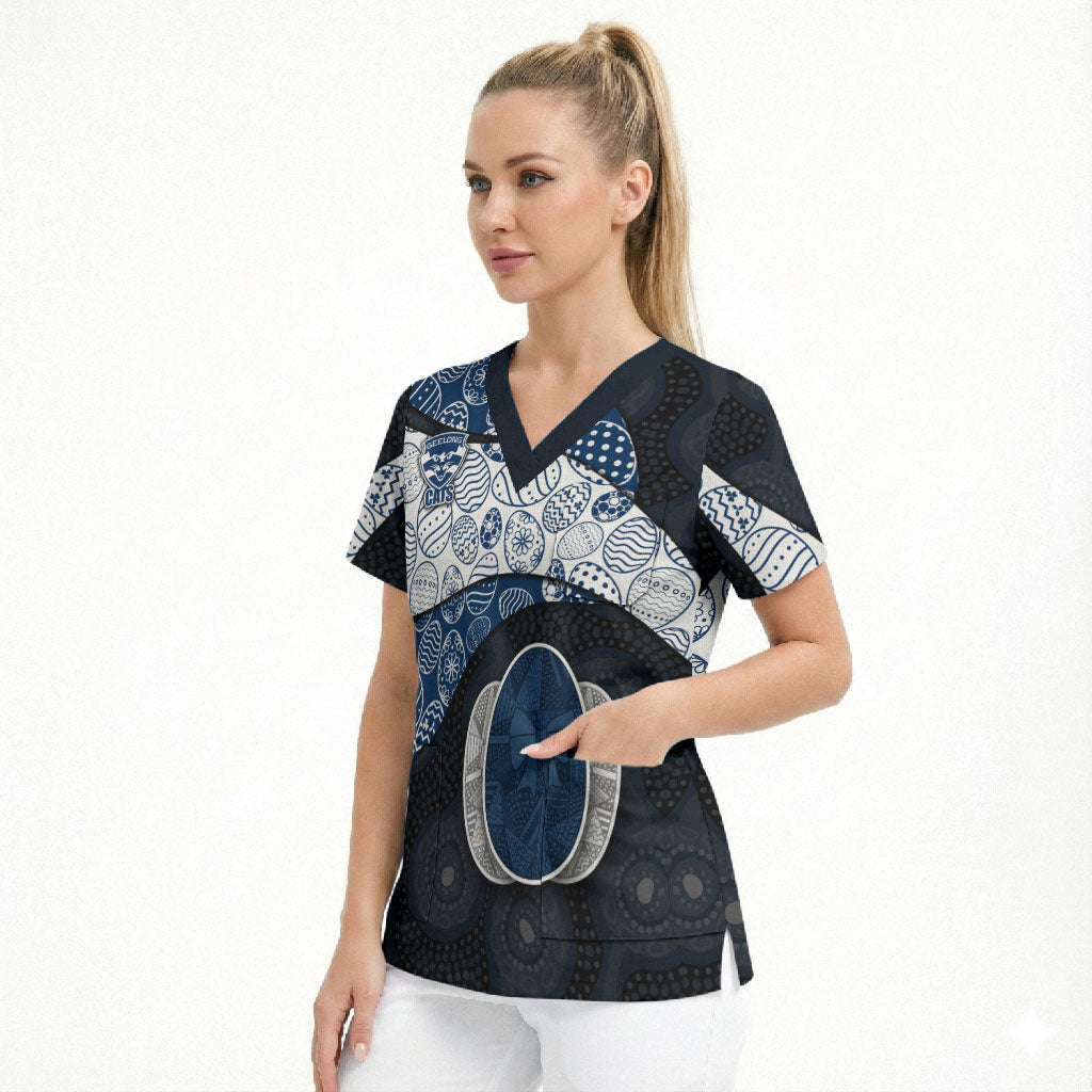 Personalized Geelong Cats Football Scrub Top Easter Egg Pattern Blue Monochrome Tribal Dot Style