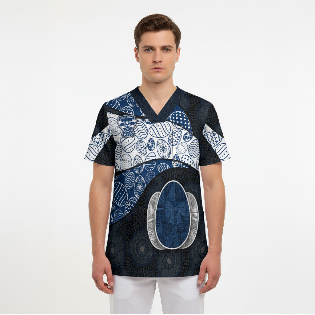 Personalized Geelong Cats Football Scrub Top Easter Egg Pattern Blue Monochrome Tribal Dot Style