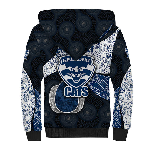 Personalized Geelong Cats Football Sherpa Hoodie Easter Egg Pattern Blue Monochrome Tribal Dot Style