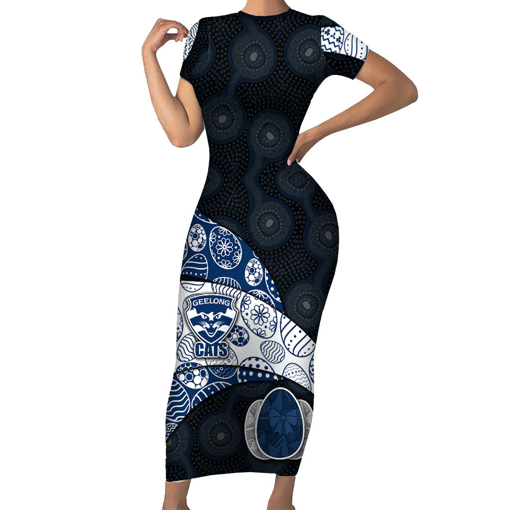 Personalized Geelong Cats Football Short Sleeve Bodycon Dress Easter Egg Pattern Blue Monochrome Tribal Dot Style