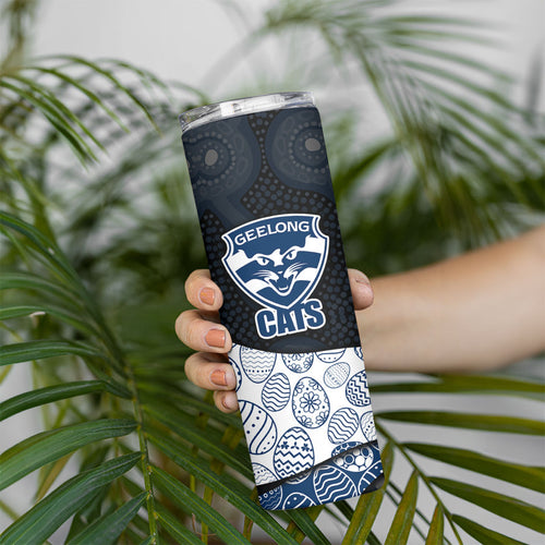 Personalized Geelong Cats Football Skinny Tumbler Easter Egg Pattern Blue Monochrome Tribal Dot Style