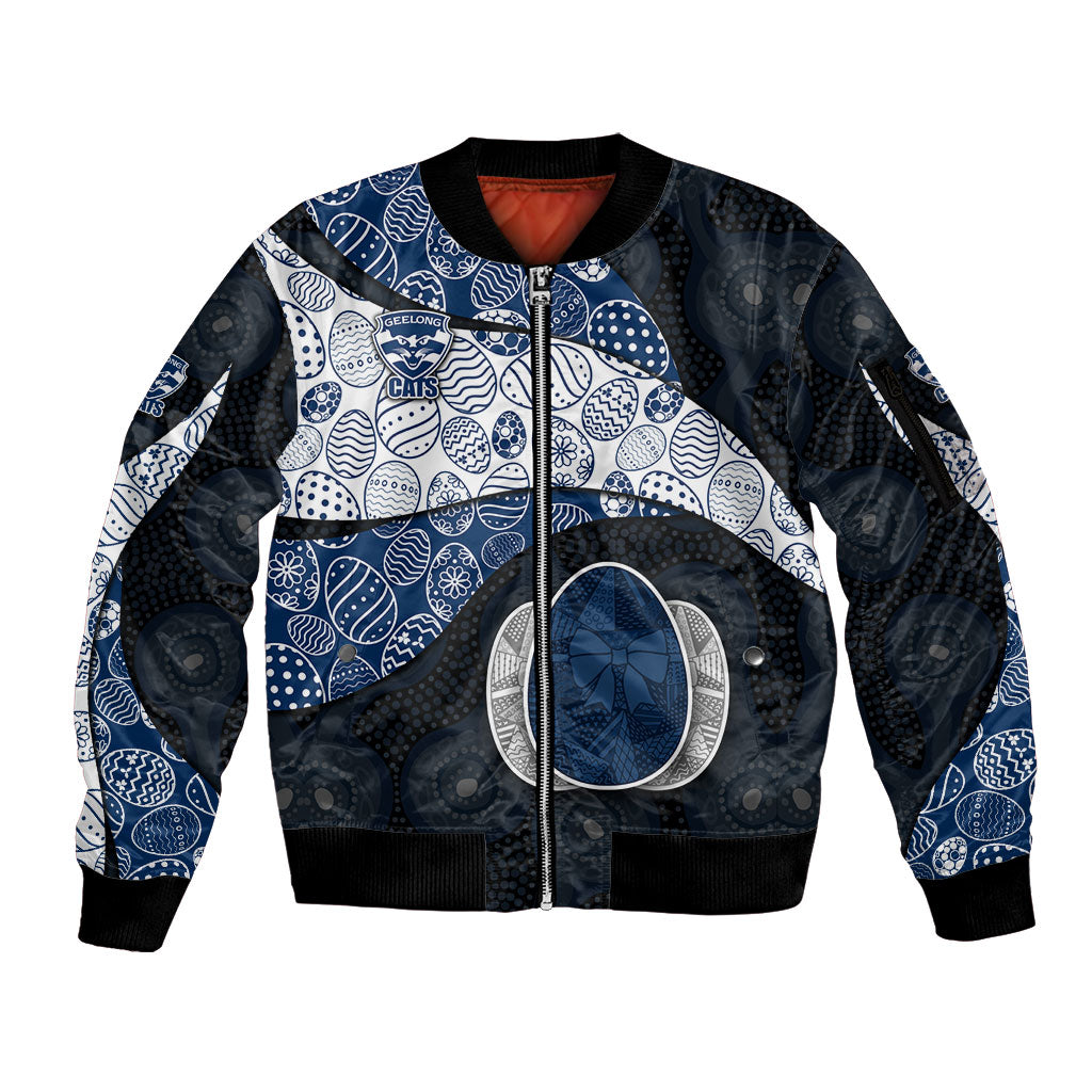 Personalized Geelong Cats Football Sleeve Zip Bomber Jacket Easter Egg Pattern Blue Monochrome Tribal Dot Style
