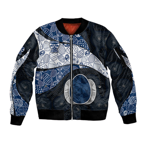 Personalized Geelong Cats Football Sleeve Zip Bomber Jacket Easter Egg Pattern Blue Monochrome Tribal Dot Style