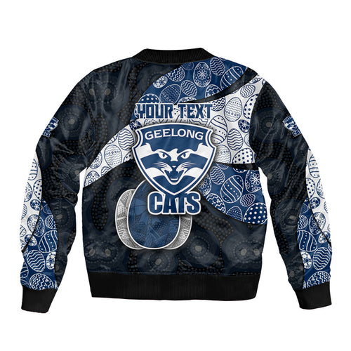 Personalized Geelong Cats Football Sleeve Zip Bomber Jacket Easter Egg Pattern Blue Monochrome Tribal Dot Style