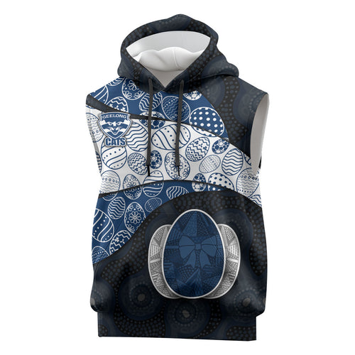 Personalized Geelong Cats Football Sleeveless Hoodie Easter Egg Pattern Blue Monochrome Tribal Dot Style