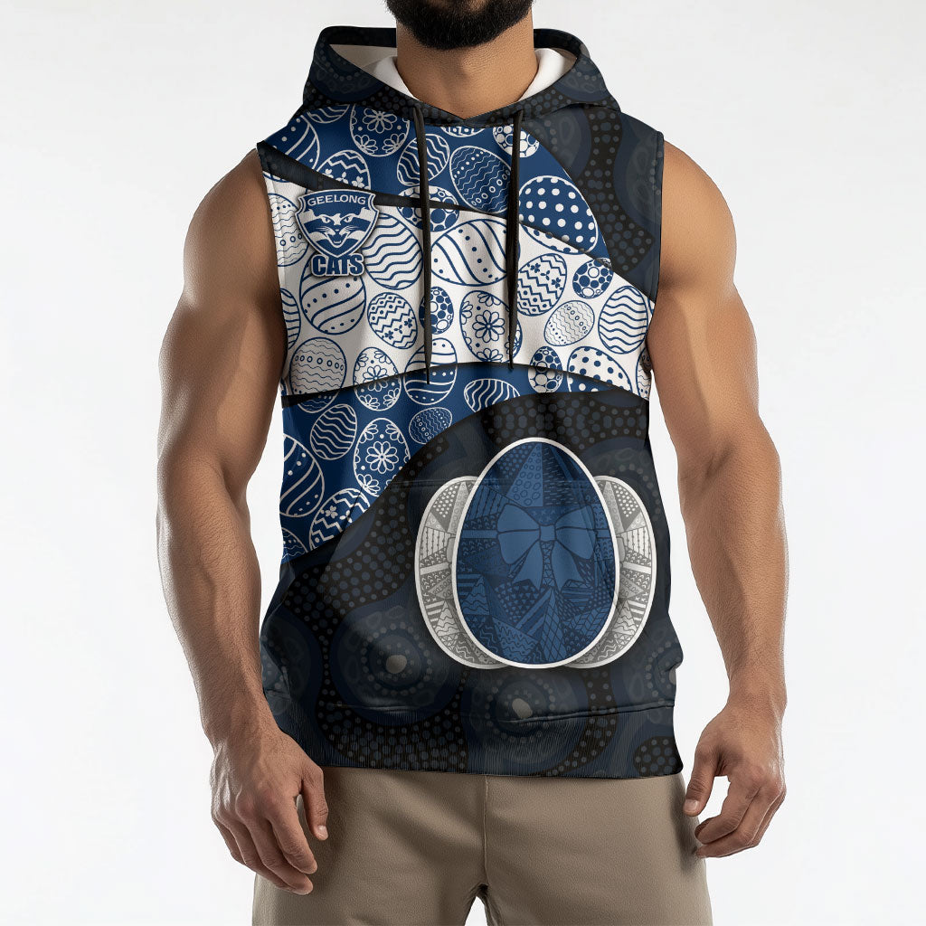 Personalized Geelong Cats Football Sleeveless Hoodie Easter Egg Pattern Blue Monochrome Tribal Dot Style