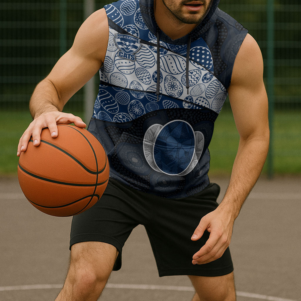 Personalized Geelong Cats Football Sleeveless Hoodie Easter Egg Pattern Blue Monochrome Tribal Dot Style