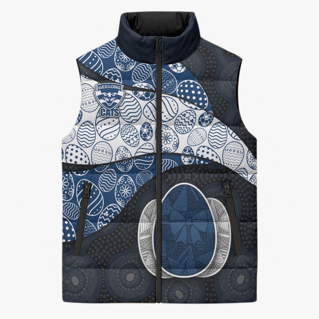 Personalized Geelong Cats Football Sleeveless Puffer Jacket Easter Egg Pattern Blue Monochrome Tribal Dot Style