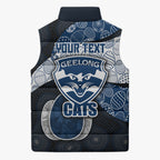 Personalized Geelong Cats Football Sleeveless Puffer Jacket Easter Egg Pattern Blue Monochrome Tribal Dot Style
