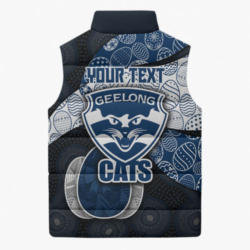 Personalized Geelong Cats Football Sleeveless Puffer Jacket Easter Egg Pattern Blue Monochrome Tribal Dot Style