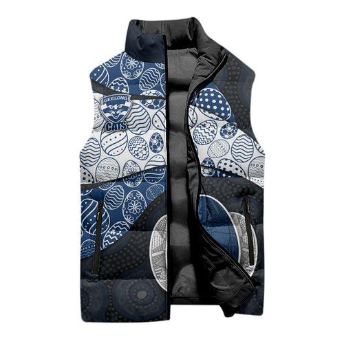 Personalized Geelong Cats Football Sleeveless Puffer Jacket Easter Egg Pattern Blue Monochrome Tribal Dot Style