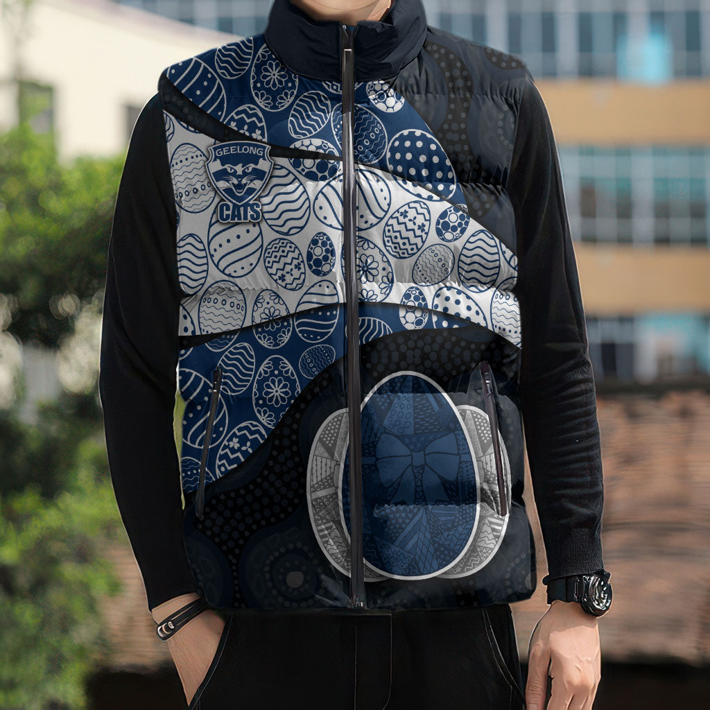 Personalized Geelong Cats Football Sleeveless Puffer Jacket Easter Egg Pattern Blue Monochrome Tribal Dot Style