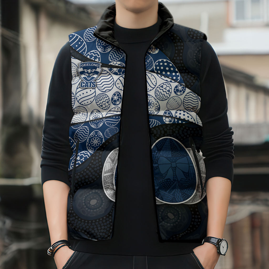 Personalized Geelong Cats Football Sleeveless Puffer Jacket Easter Egg Pattern Blue Monochrome Tribal Dot Style