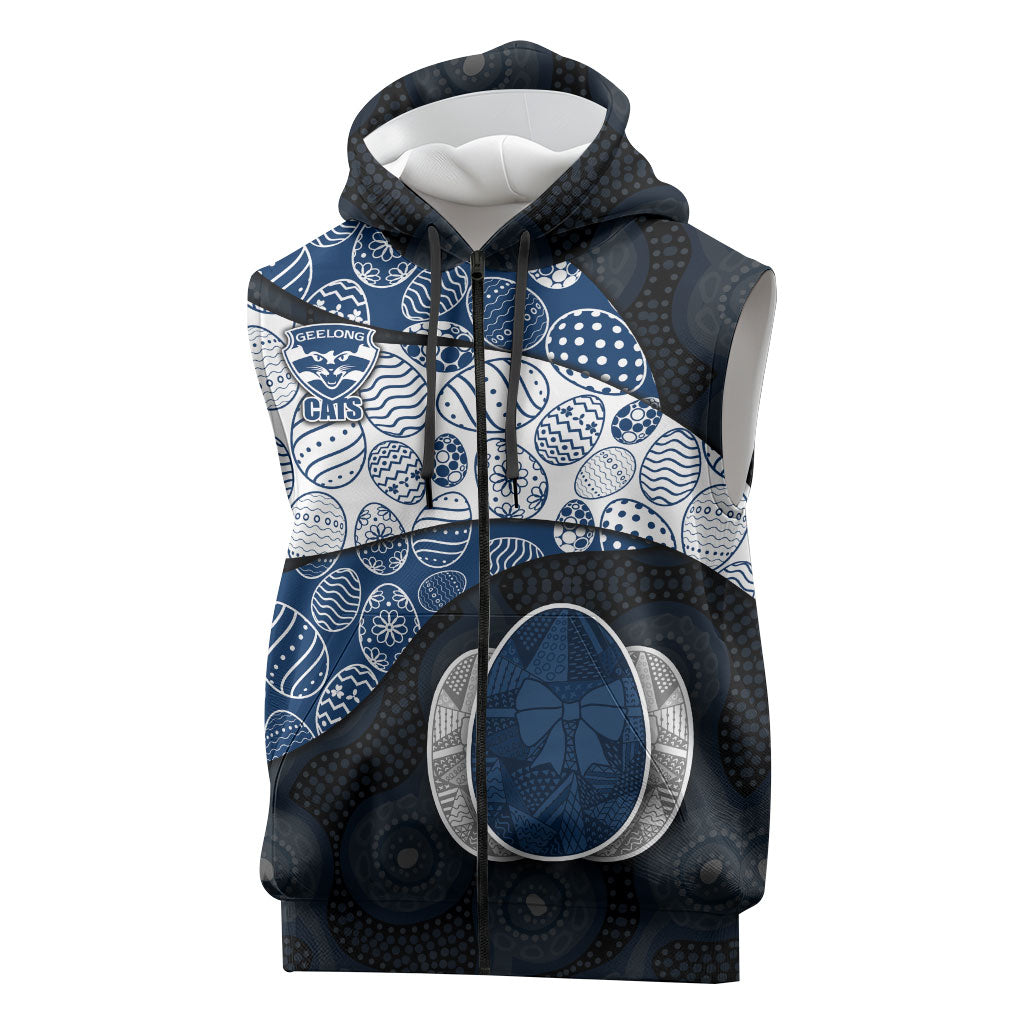 Personalized Geelong Cats Football Sleeveless Zip Hoodie Easter Egg Pattern Blue Monochrome Tribal Dot Style