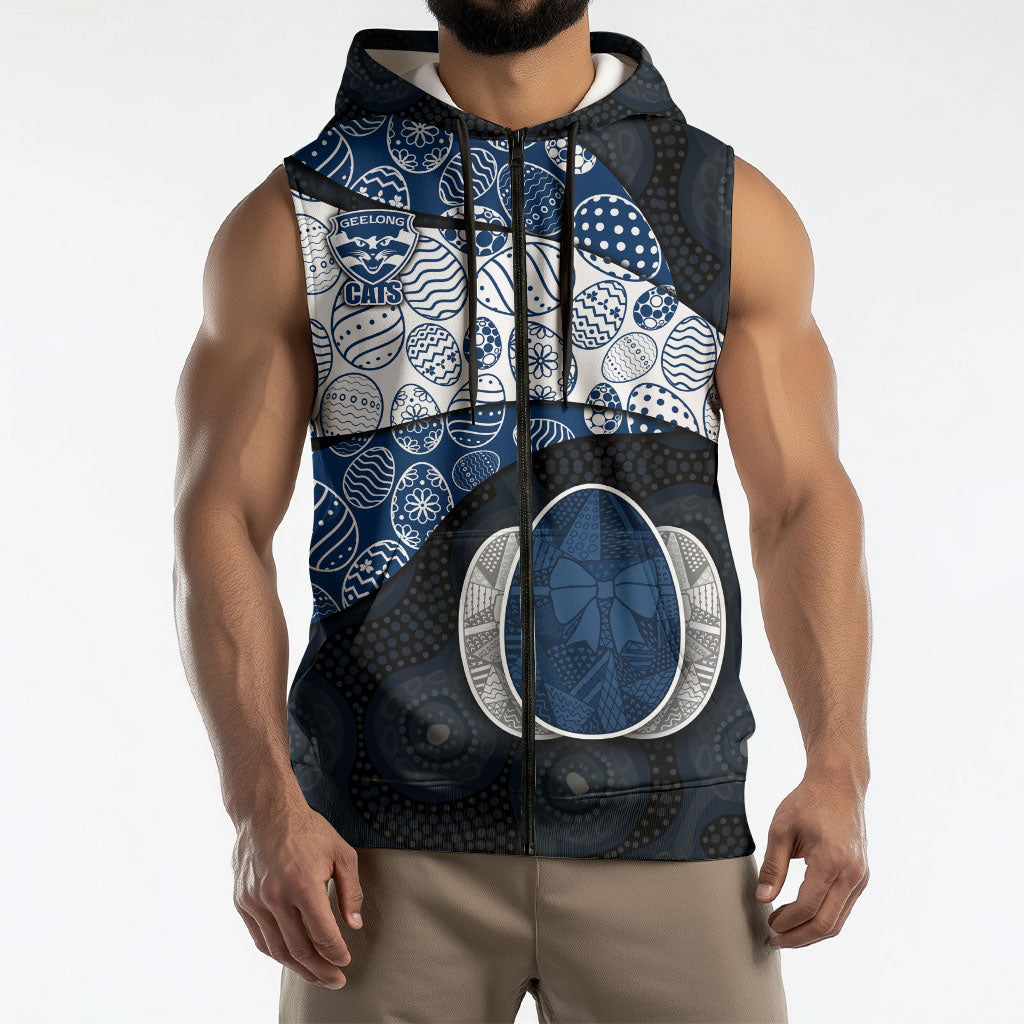 Personalized Geelong Cats Football Sleeveless Zip Hoodie Easter Egg Pattern Blue Monochrome Tribal Dot Style