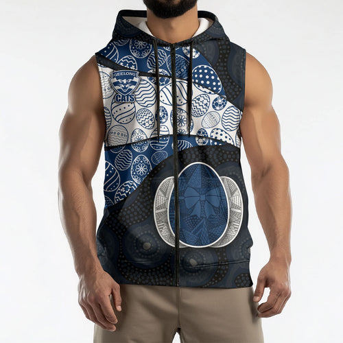 Personalized Geelong Cats Football Sleeveless Zip Hoodie Easter Egg Pattern Blue Monochrome Tribal Dot Style