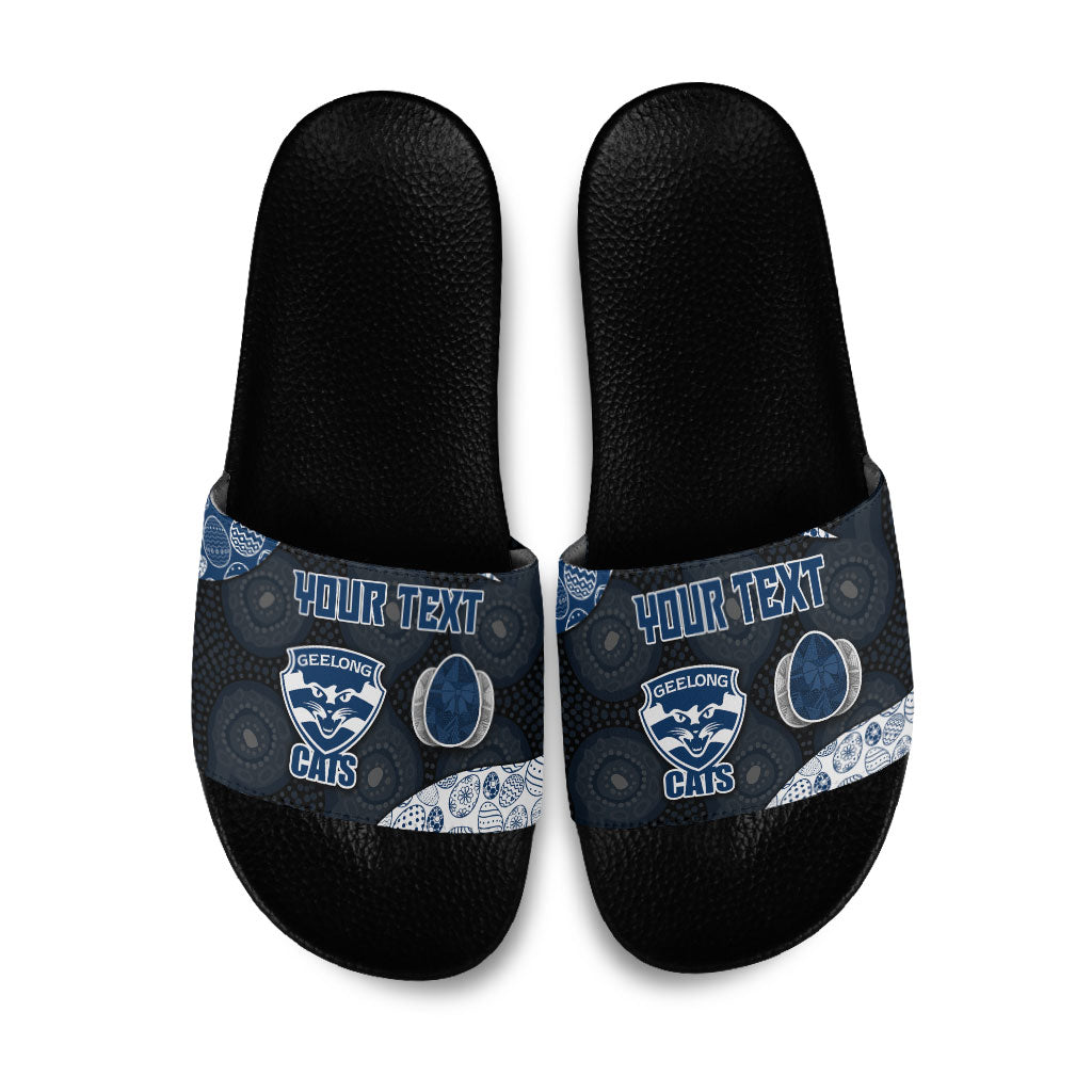 Personalized Geelong Cats Football Slide Sandals Easter Egg Pattern Blue Monochrome Tribal Dot Style