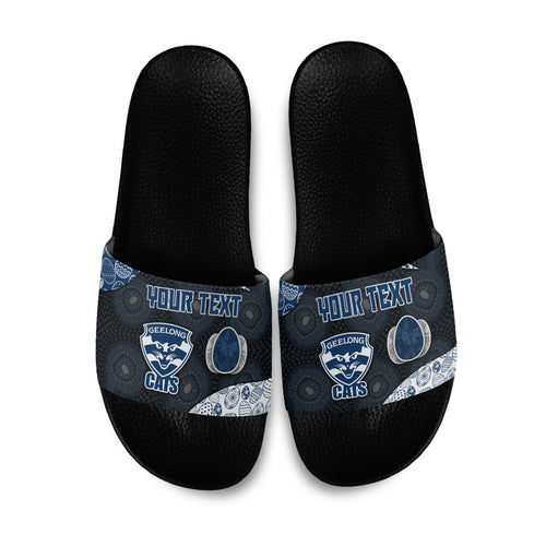 Personalized Geelong Cats Football Slide Sandals Easter Egg Pattern Blue Monochrome Tribal Dot Style