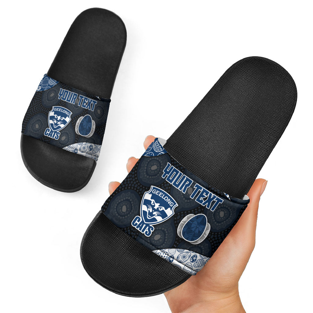 Personalized Geelong Cats Football Slide Sandals Easter Egg Pattern Blue Monochrome Tribal Dot Style