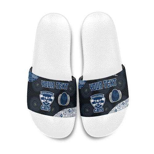 Personalized Geelong Cats Football Slide Sandals Easter Egg Pattern Blue Monochrome Tribal Dot Style