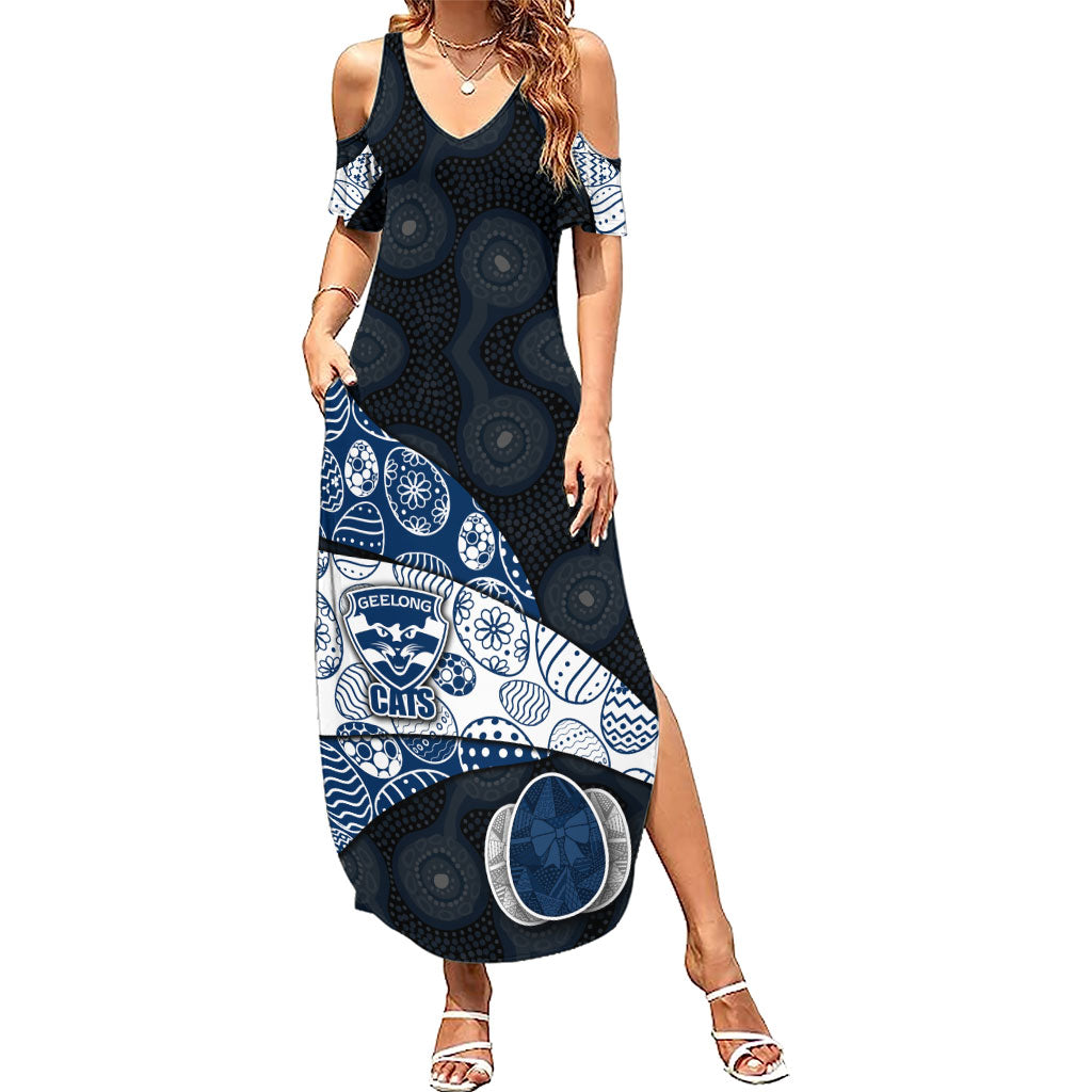 Personalized Geelong Cats Football Summer Maxi Dress Easter Egg Pattern Blue Monochrome Tribal Dot Style