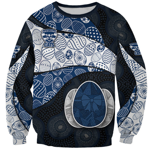 Personalized Geelong Cats Football Sweatshirt Easter Egg Pattern Blue Monochrome Tribal Dot Style