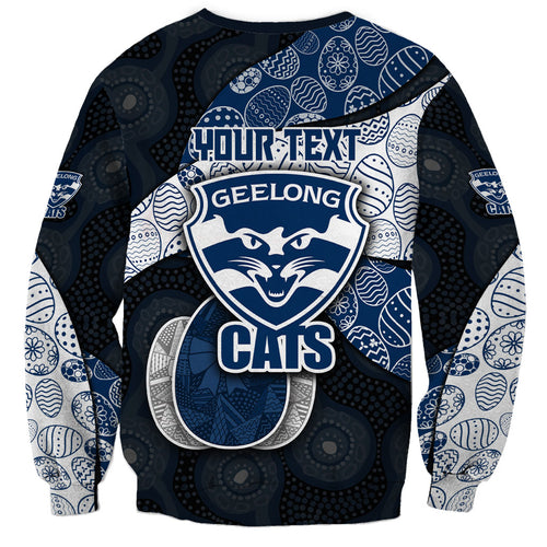 Personalized Geelong Cats Football Sweatshirt Easter Egg Pattern Blue Monochrome Tribal Dot Style