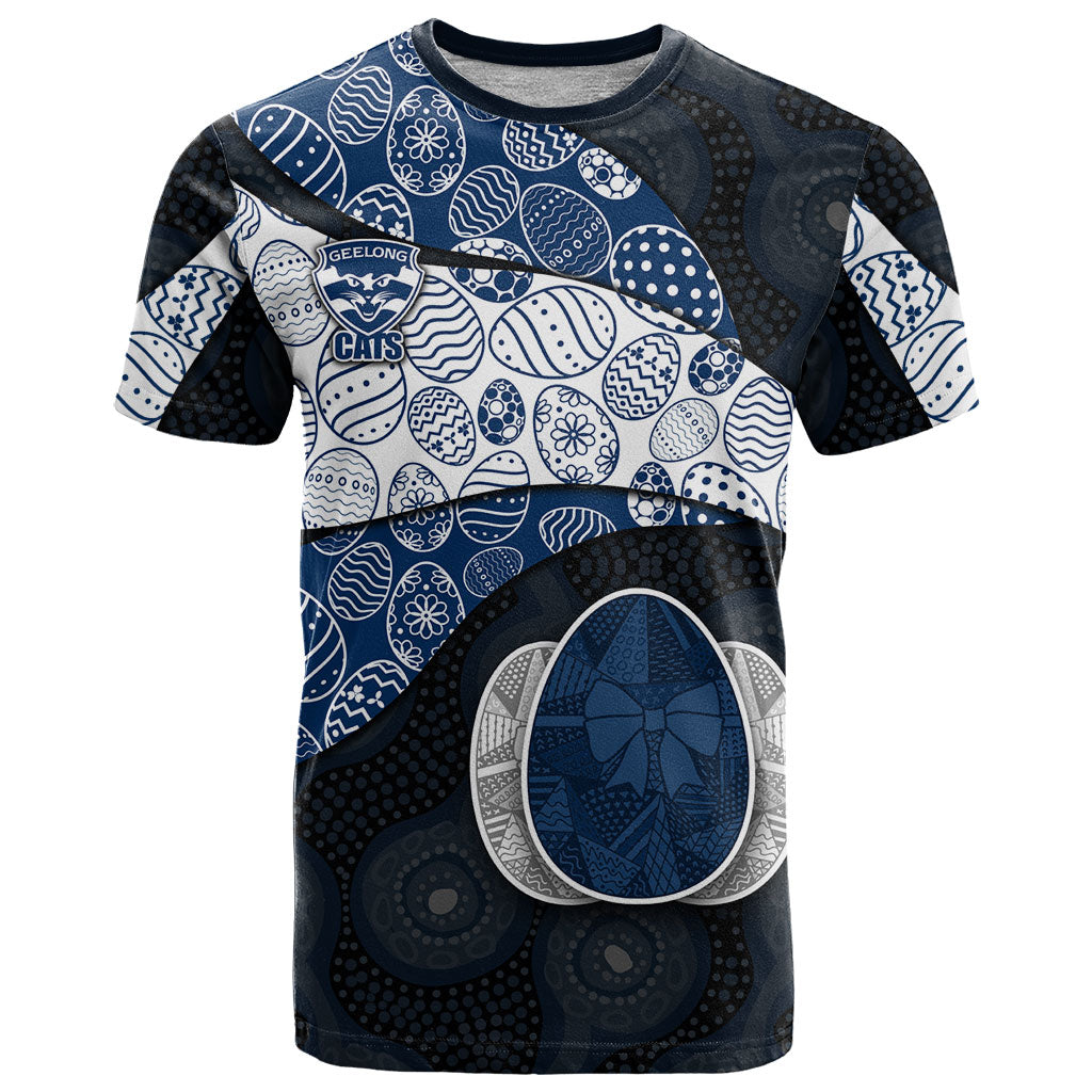Personalized Geelong Cats Football T Shirt Easter Egg Pattern Blue Monochrome Tribal Dot Style