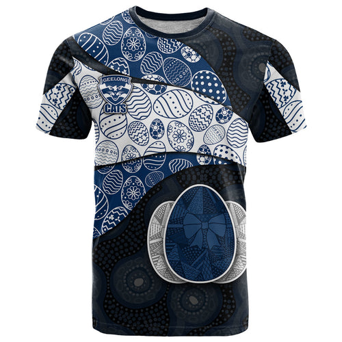 Personalized Geelong Cats Football T Shirt Easter Egg Pattern Blue Monochrome Tribal Dot Style