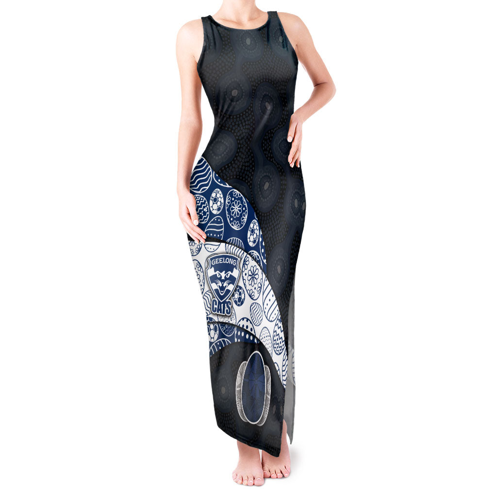 Personalized Geelong Cats Football Tank Maxi Dress Easter Egg Pattern Blue Monochrome Tribal Dot Style
