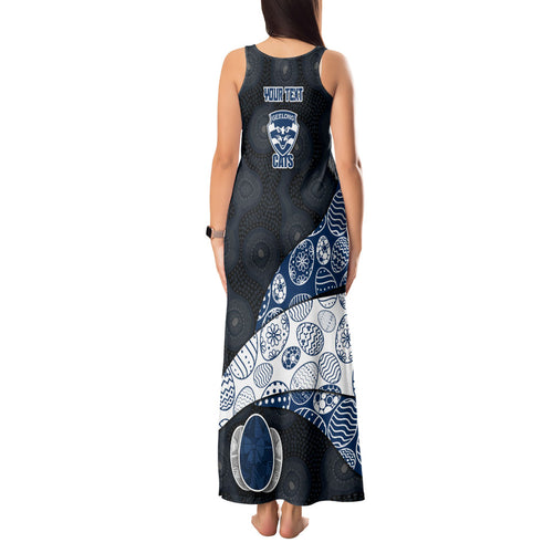 Personalized Geelong Cats Football Tank Maxi Dress Easter Egg Pattern Blue Monochrome Tribal Dot Style