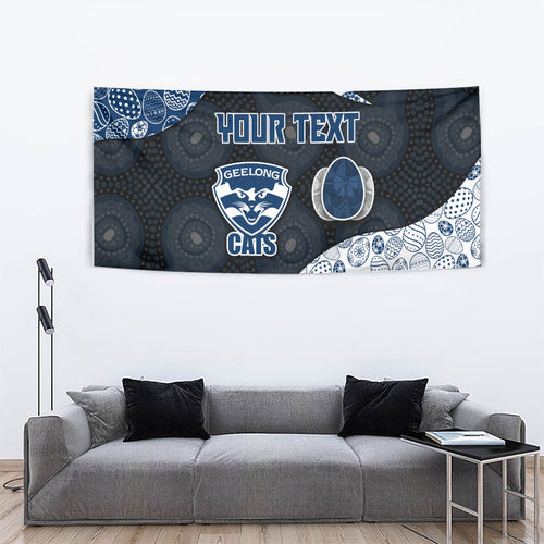 Personalized Geelong Cats Football Tapestry Easter Egg Pattern Blue Monochrome Tribal Dot Style