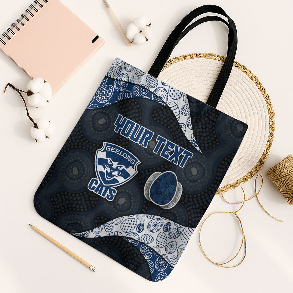 Personalized Geelong Cats Football Tote Bag Easter Egg Pattern Blue Monochrome Tribal Dot Style